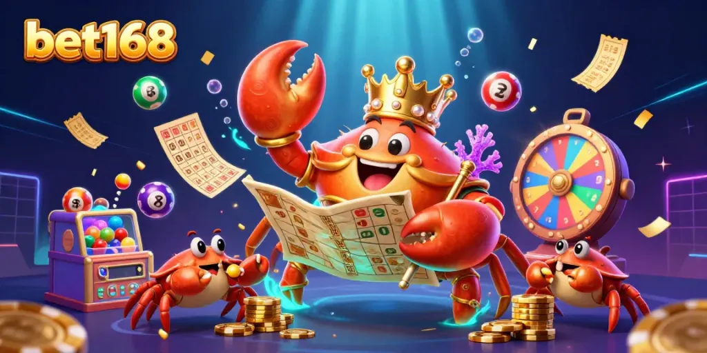 Engage with bet168's vibrant casino world, showcasing a crab emperor and lottery elements in a rich, dynamic scene.