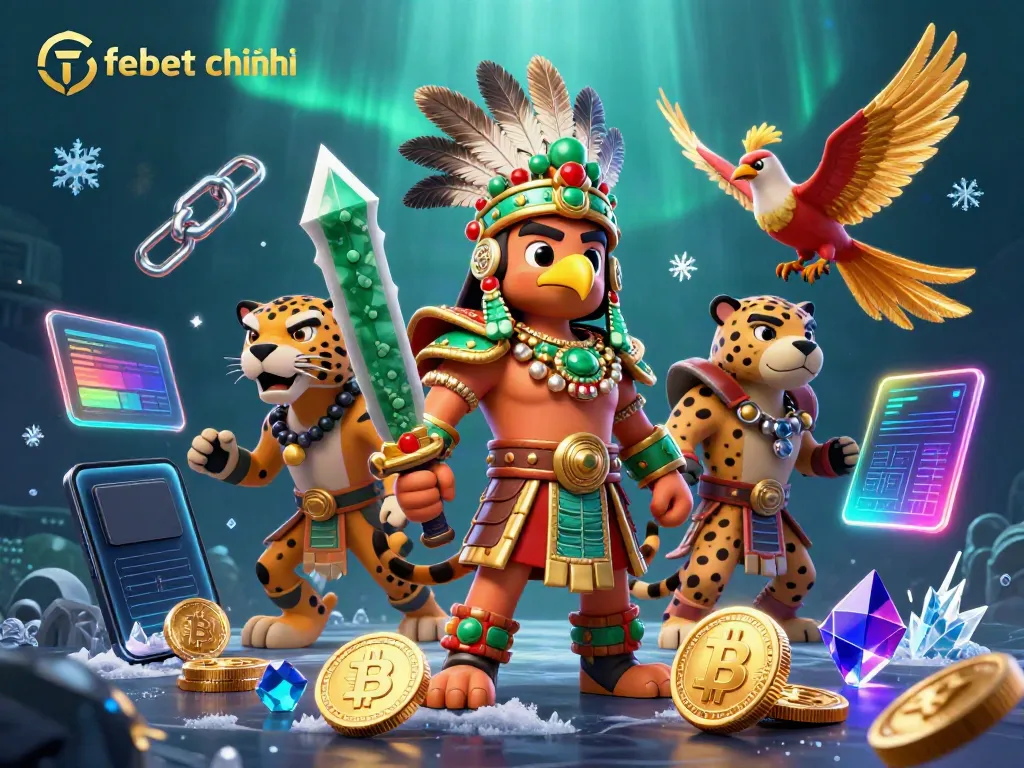 Engage in exciting online gambling with febet chính chủ featuring 3D illustrated warriors and crypto elements.