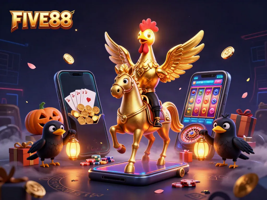 Experience thrilling jackpots at FIVE88 with this vibrant 3D casino illustration.