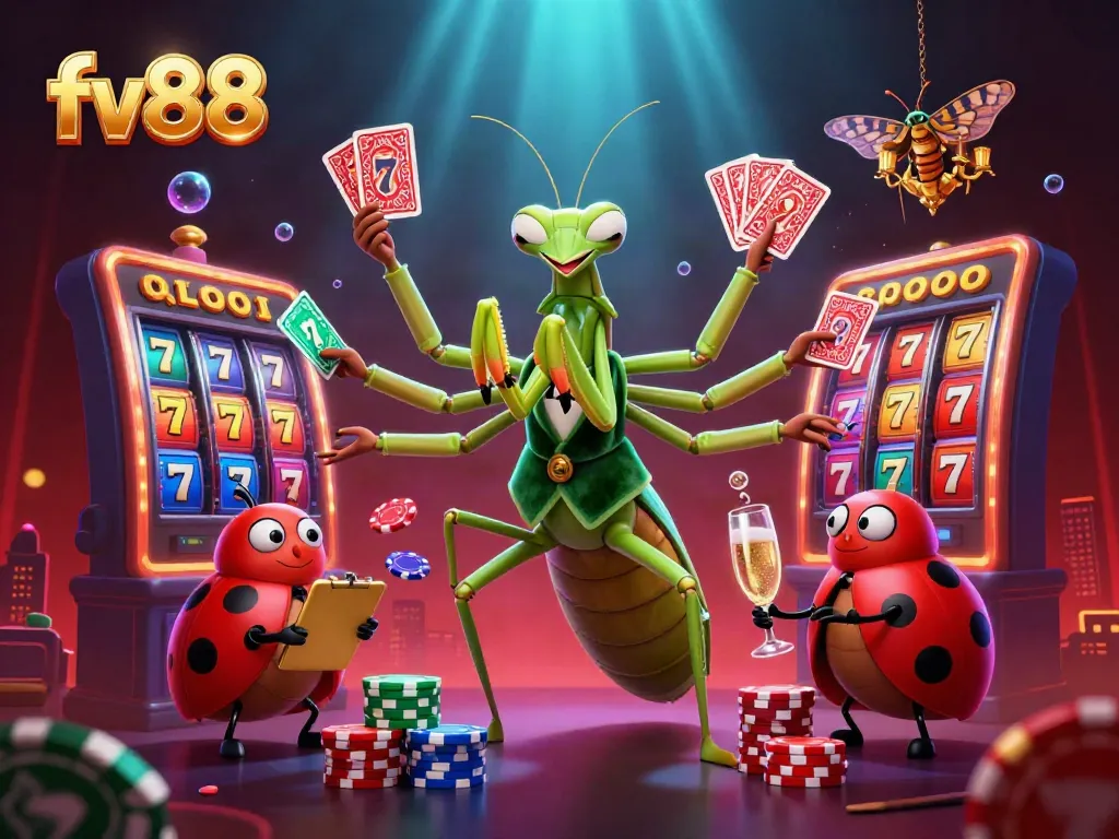Experience the excitement of fv88 with a vibrant 3D scene featuring a giant praying mantis dealer and ladybug pit boss.