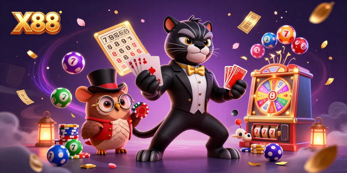 X88 inspires players with a lively casino scene filled with colorful balls and excited characters.