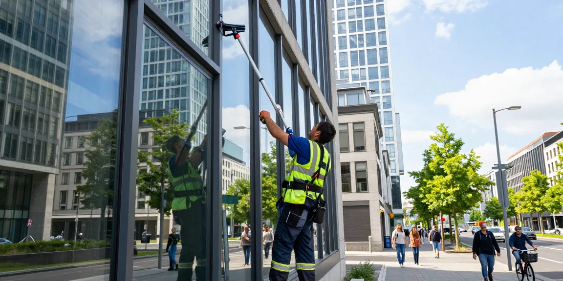 Professionelle Gebäudereinigung Düsseldorf mit einem Reinigungsteam, das Fenster in einem modernen Bürogebäude reinigt.
