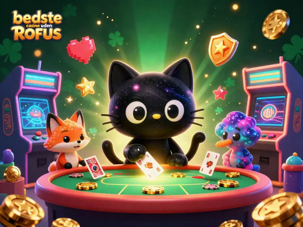 Engage with the best casino uden ROFUS through vibrant gaming elements and cartoon characters in a cosmic scene.
