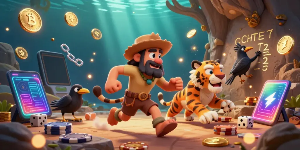 Hitclub gaming at a prehistoric casino featuring cartoon characters with poker chips and coins.