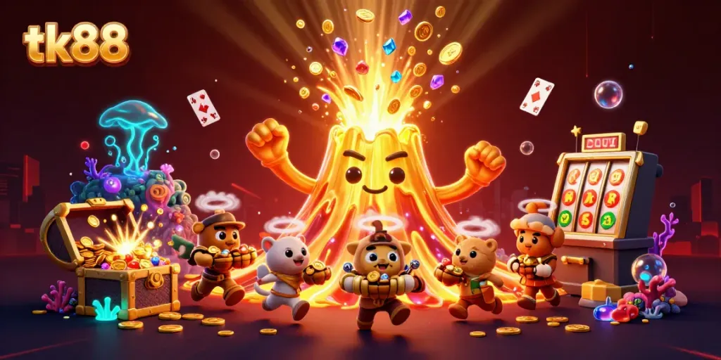Win big with tk88 at the vibrant casino, featuring treasures and vibrant illustrative elements.