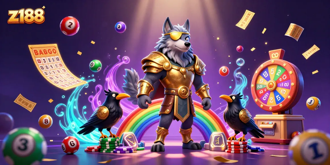 Experience z188 action with an Odin wolf and ravens before a vibrant casino bridge and lottery elements.