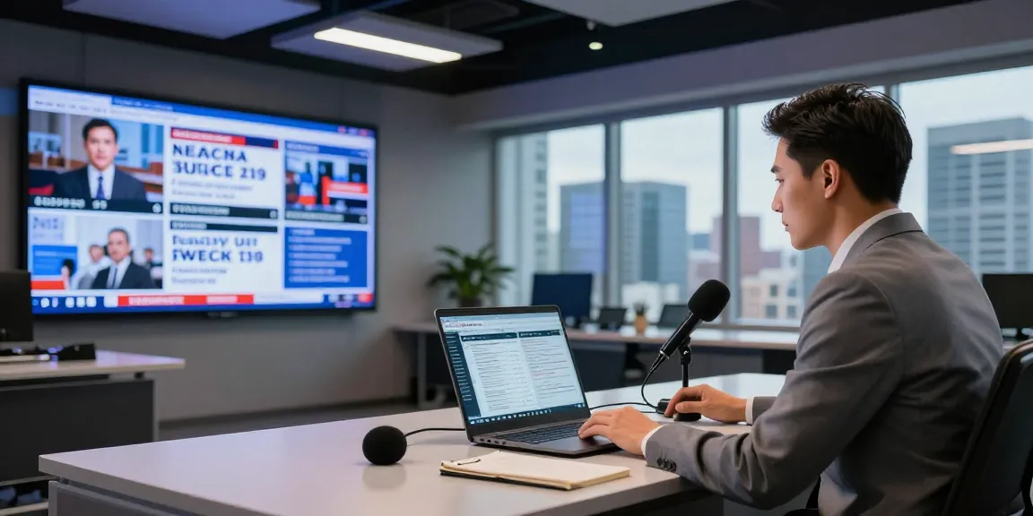 Dynamic newsroom scene with journalist editing newsbochum articles and live feeds.