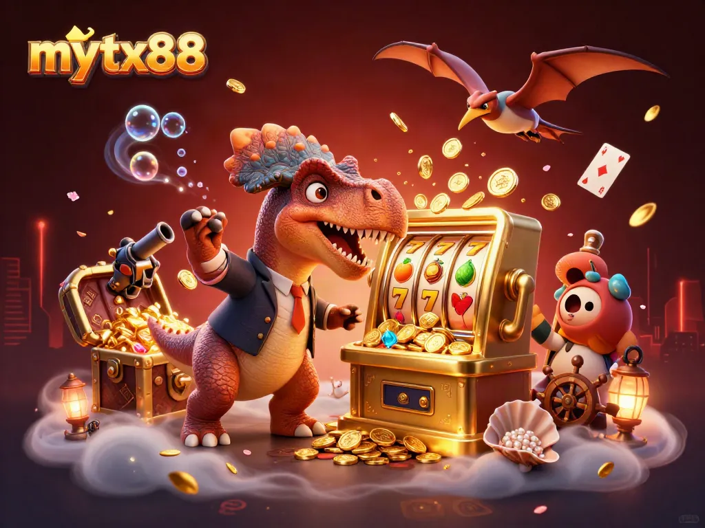 Mytx88 showcases an exciting casino scene with a dinosaur hitting a slot machine, attracting golden coins.