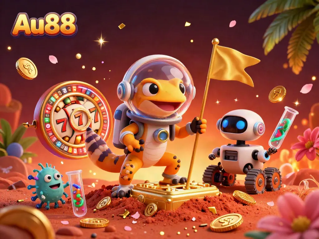 Experience the vibrant casino atmosphere at Au88 with a Martian gecko discovering treasures amidst golden slots and confetti.