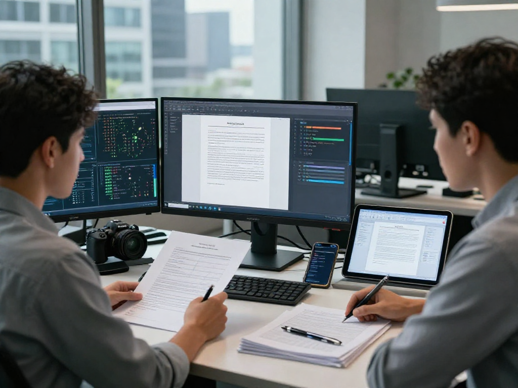 Data analyst focusing on document fraud detection in a modern tech office with dual screens showcasing complex analytics and document authenticity alerts.