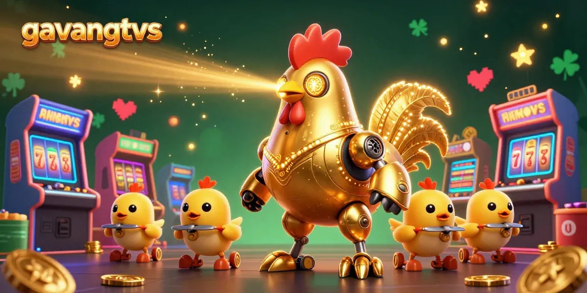 Engage with exciting slot action in this vibrant gavangtvs casino scene featuring a golden rooster robot.