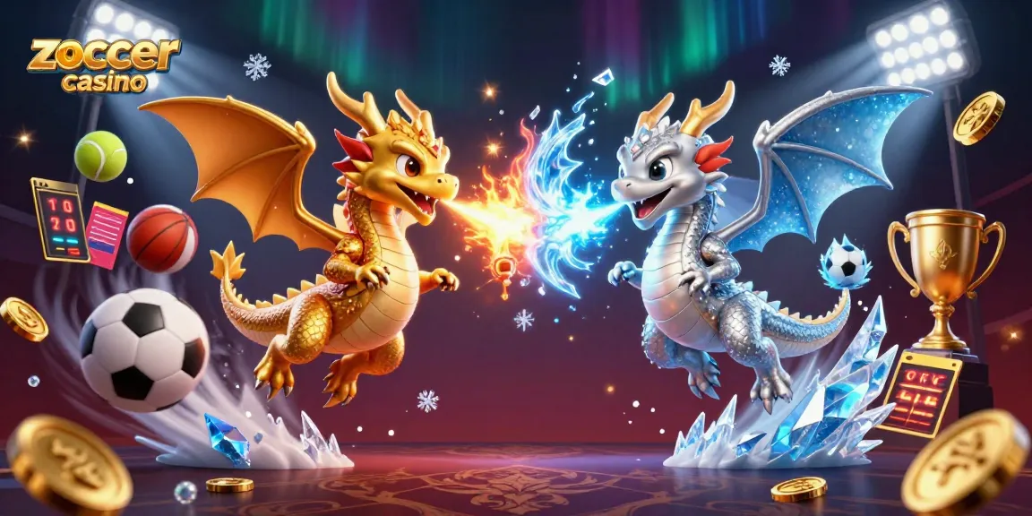 Zoccer casino showcases dynamic gaming with cartoon dragons, sports elements, and rich details.