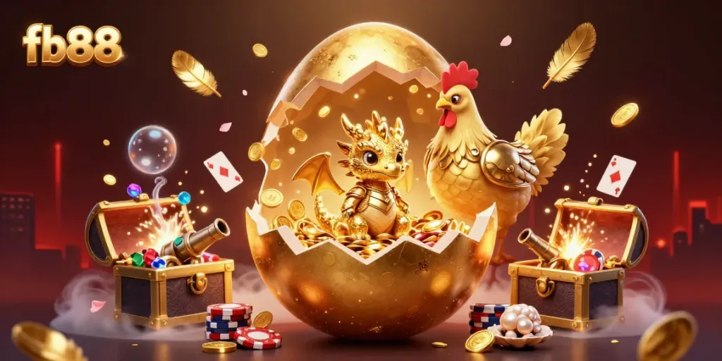 Experience the lively essence of fb88 with a golden dragon amid poker chips and dazzling treasures.