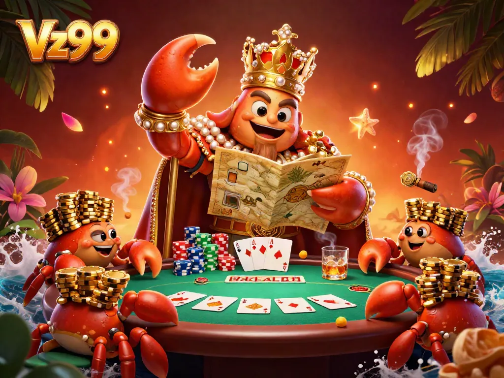 Engage with Vz99's thrilling casino action featuring a golden crab emperor and colorful poker scene.