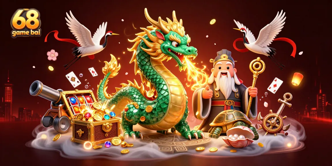 Immersive casino adventure in 68 game bai featuring dynamic dragon and turtle characters surrounded by treasures.