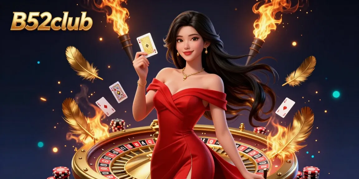 B52club showcases a beautiful Asian woman playing a golden card next to a roulette wheel, featuring vibrant casino elements.