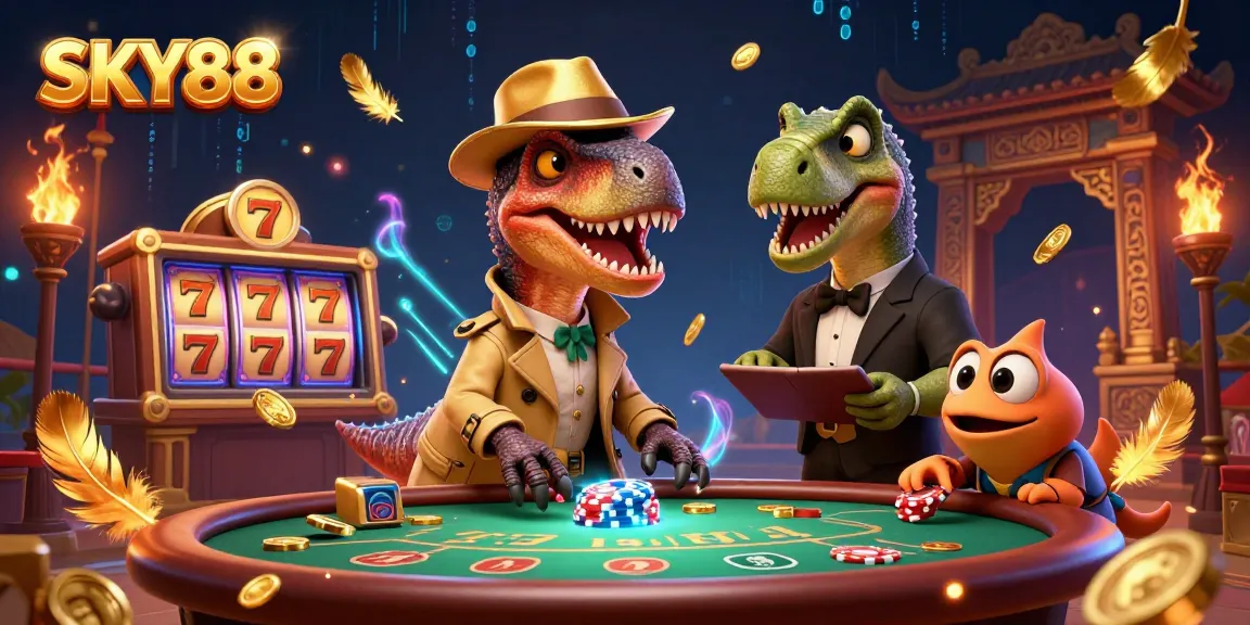 SKY88 captures a vibrant scene of a velociraptor card counter at blackjack, surrounded by dynamic casino elements.
