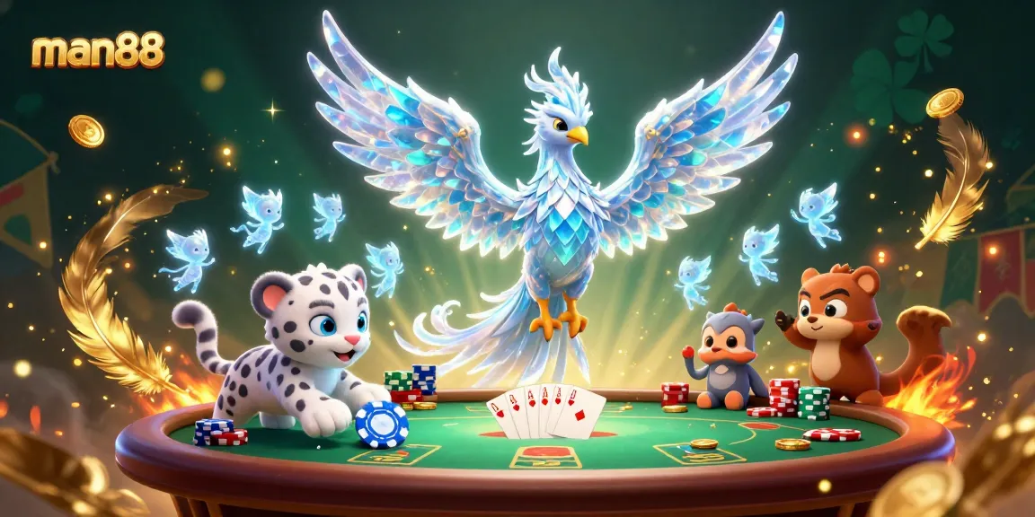 Engage with man88's lively poker scene featuring an ice phoenix and fun characters.