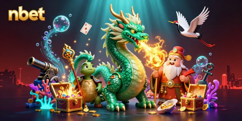 Experience immersive nbet gaming with dragons and treasures in this vibrant 3D illustration.