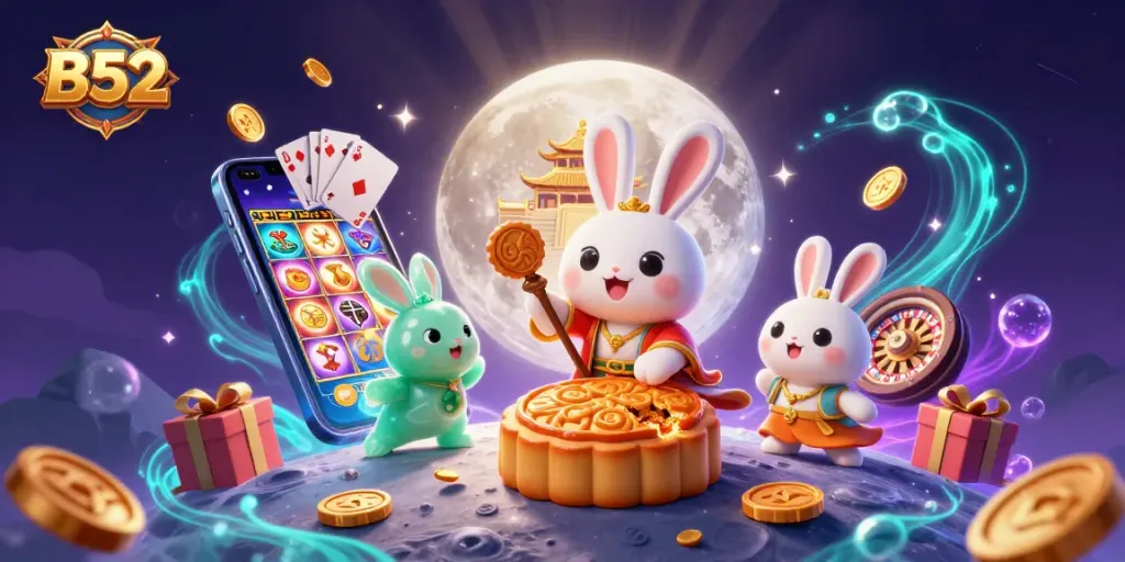 B52 casino scene with a moon rabbit, showcasing energetic gambling elements like poker chips and slot games