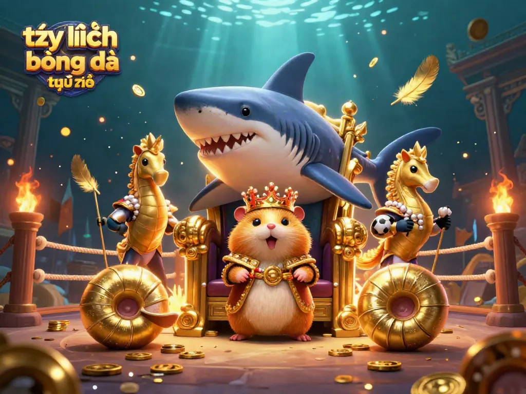 Betting on tỷ lệ bóng đá trực tuyến with a golden hamster king and his royal seahorse guards in a vibrant arena.