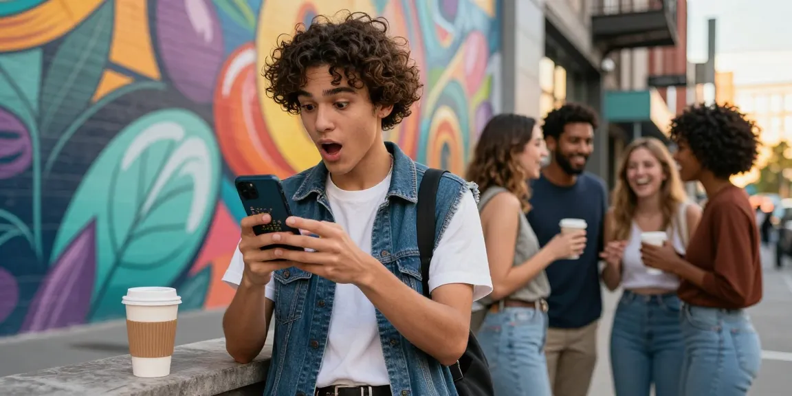 Deutsche Instagram Follower kaufen: Stilvolle Influencerin prüft Social Media-Zahlen in einer urbanen Umgebung.