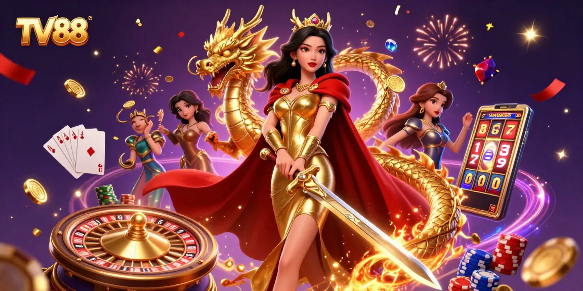 Experience thrilling gameplay at TV88 with a warrior queen and dazzling casino elements.