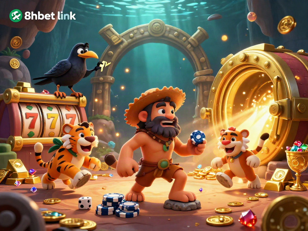 Experience thrilling gaming action at the 8xbet link: A lively casino scene featuring classic games with vibrant characters.