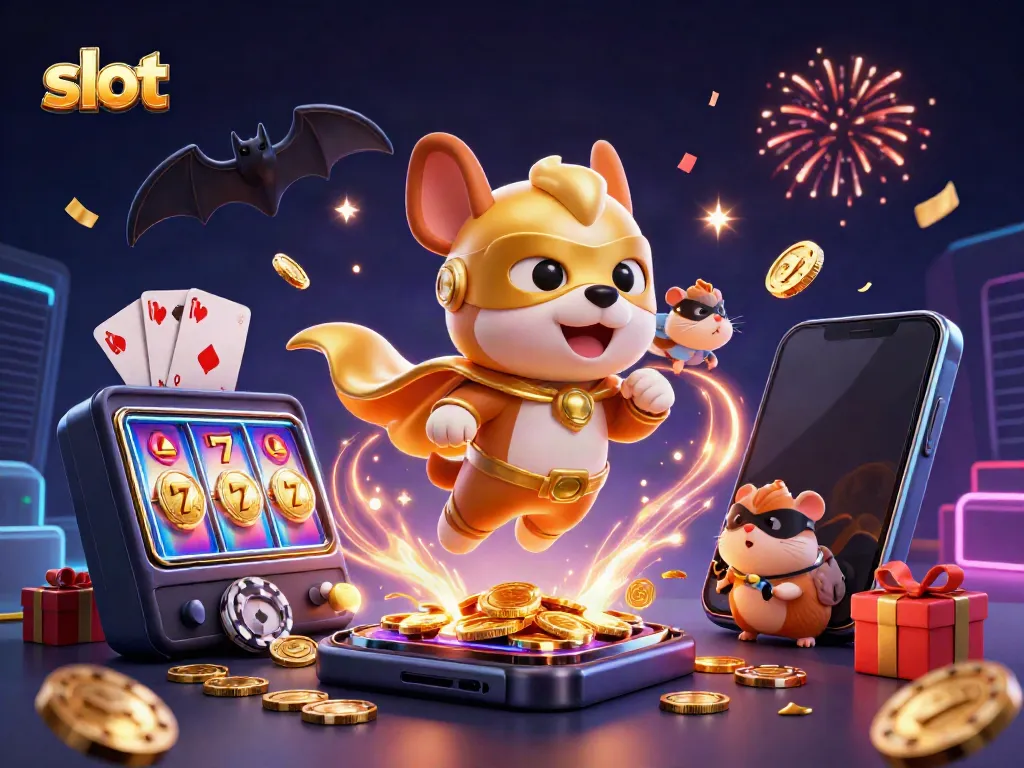 Win big with thrilling slot games featuring a superhero dog and hamster duo, surrounded by vibrant casino elements.