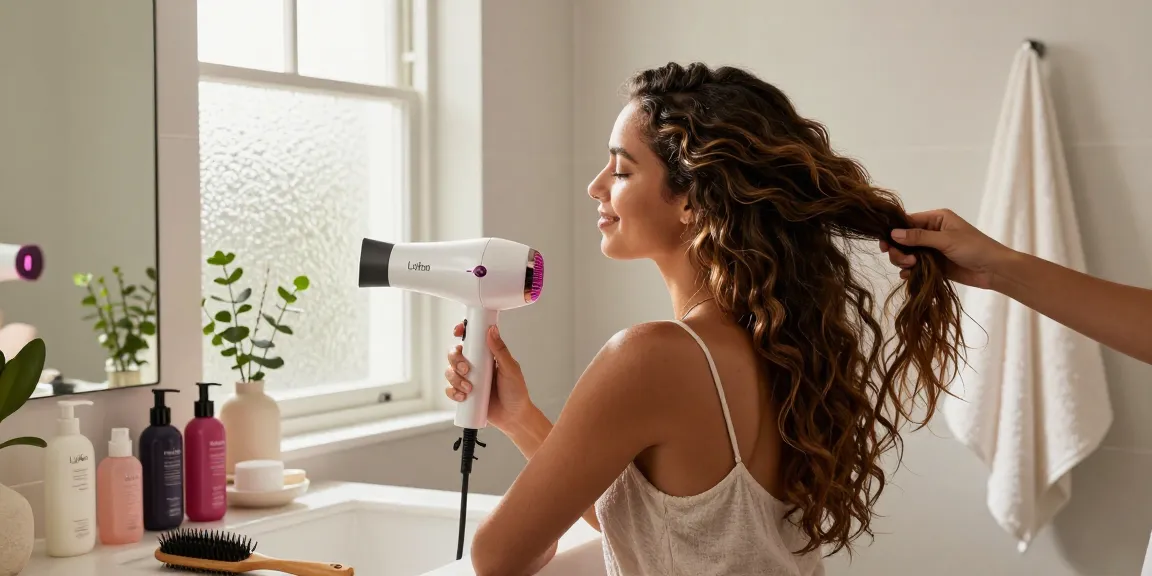 Moderne Badezimmer Szene mit Laifen Föhn, fröhliche Frau stylt ihre Haare.