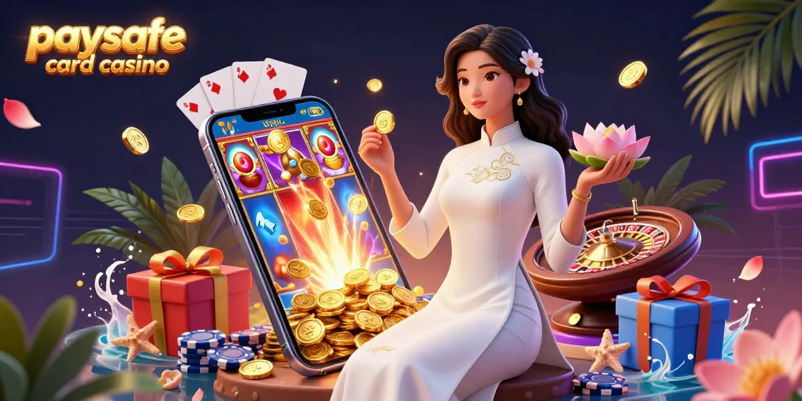 Erleben Sie die Aufregung des Paysafe Card Casinos mit dieser lebhaften 3D-Illustration von Spielelementen und einem eleganten Charakter.