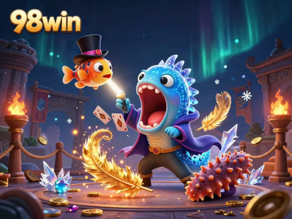 Experience 98win's captivating magic show with deep-sea creatures in a vibrant casino environment!
