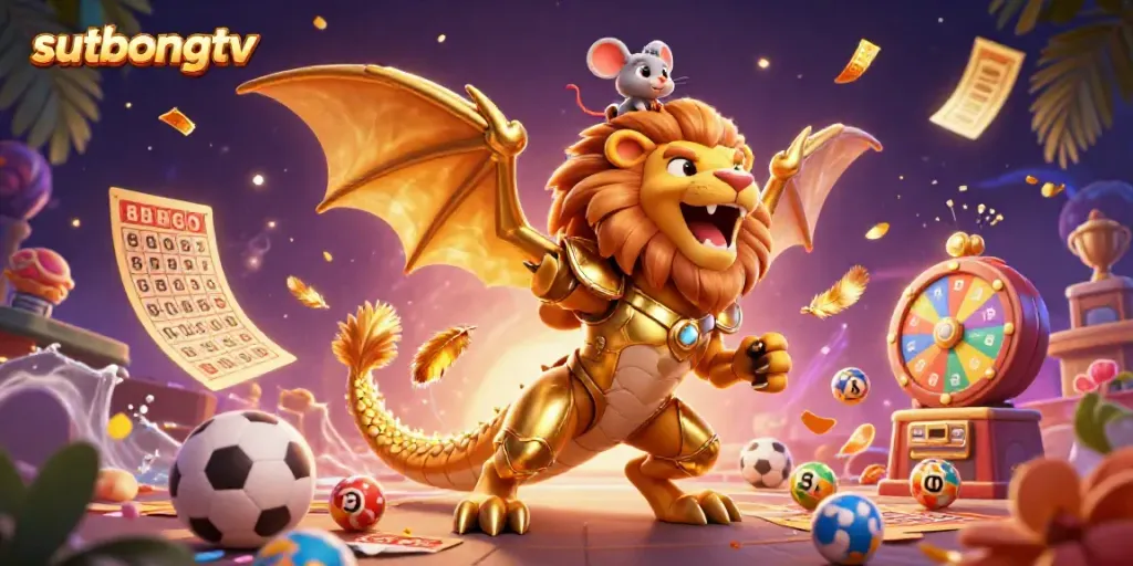 Experience thrilling sports betting action with sutbongtv's dynamic illustration featuring a chimera and lucky elements.