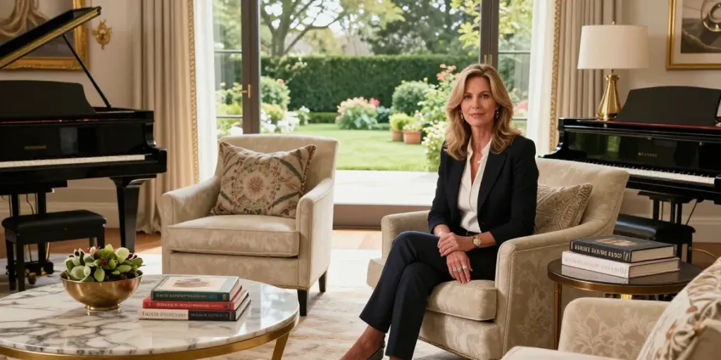 Tucker Carlson Wife Heiress Net Worth showcasing Susan Andrews in an elegant living room with luxurious decor and sunlight.