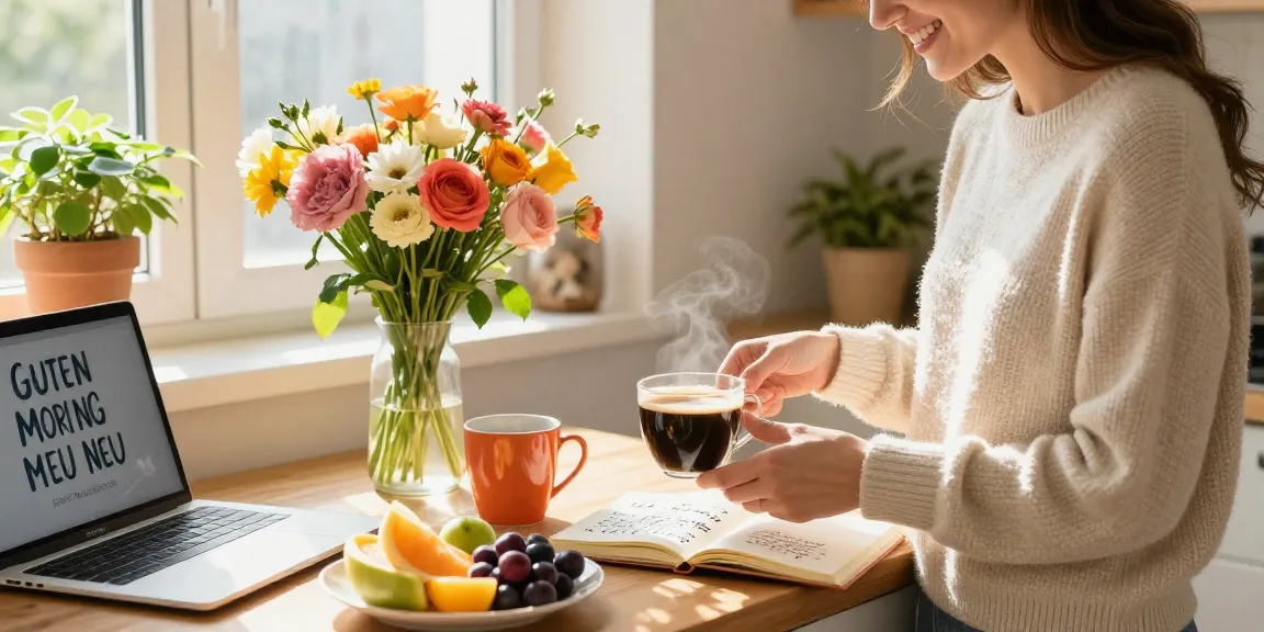 Guten Morgen neu: Freundliche Person bereitet Kaffee in einer gemütlichen Küche mit Sonnenlicht.