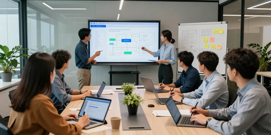 Team collaborating to build internal tools with AI in a modern workspace.