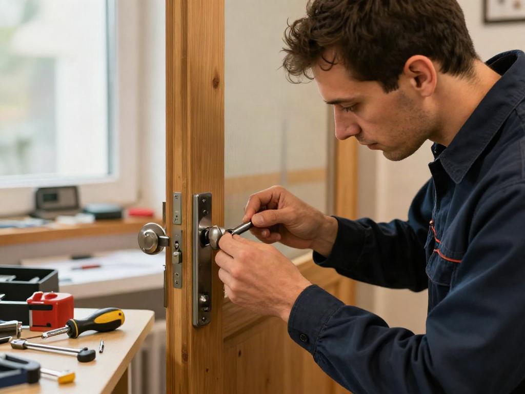 Schlüsseldienst Aachen: Professioneller Schlüsseldiensttechniker arbeitet sorgfältig an einem Türschloss.