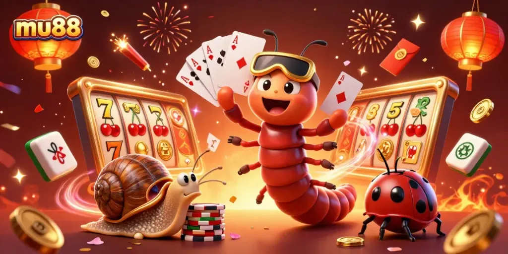 Engage in thrilling gameplay at mu88 with vibrant casino characters and celebratory elements.