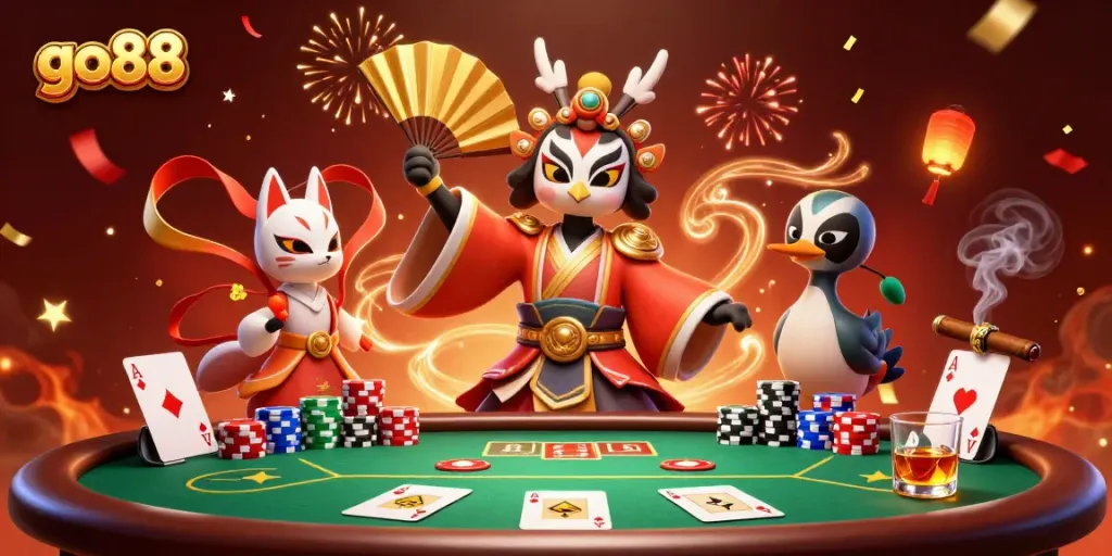 Experience the thrill of go88 with a vibrant 3D casino illustration featuring kabuki warriors and poker elements.