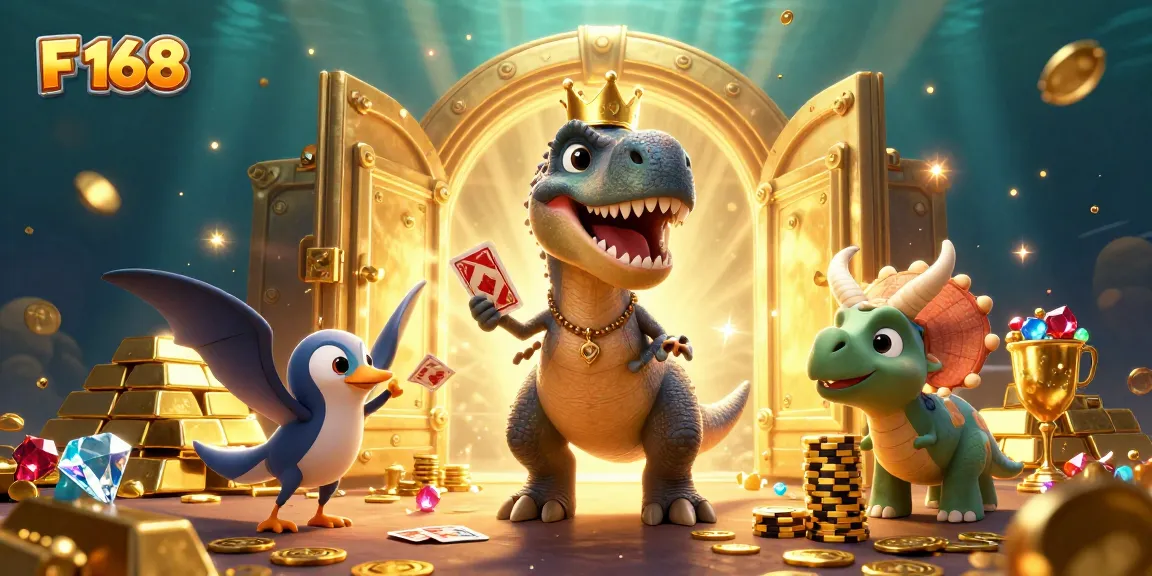 Engage in thrilling gaming at F 168 with a cartoon T-Rex shuffling cards and a baby triceratops stacking chips.