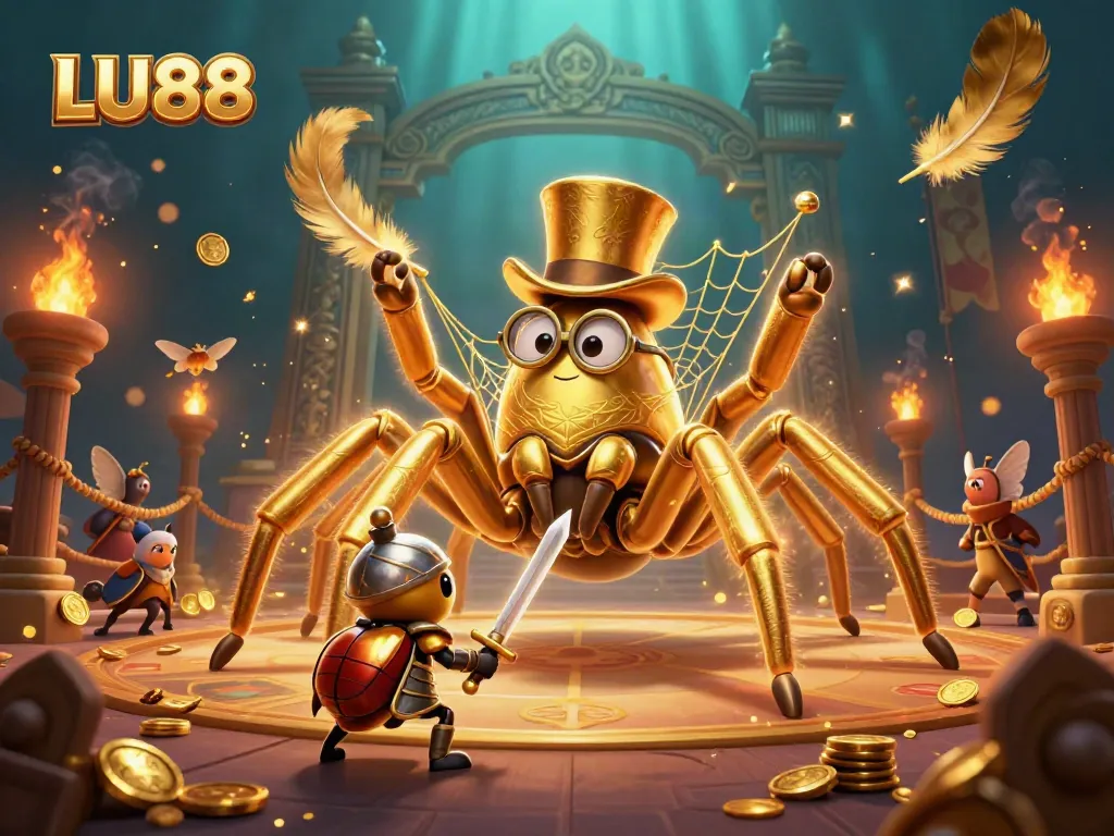 LU88 showcases a dynamic casino scene with a golden tarantula and beetle knight in a rich gambling atmosphere.