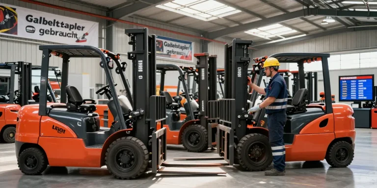 Bediener inspiziert gebrauchte Gabelstapler in einem gut beleuchteten Industriegebäude