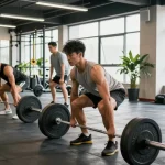 Diverse Bodybuilder trainieren in einem modernen Fitnessstudio und präsentieren die effektiven anabolen Lösungen des Anabolika Shop Deutschland.