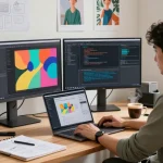Developer using an AI image generator in a modern home office, showcasing creative workspace elements.