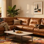 Baxter Ledersofa in einem gemütlichen Wohnzimmer mit einem Paar, das Wein genießt, stilvollem Dekor und warmem Licht.