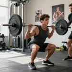 Trainierender Athlet im Selliza Shop Fitnessstudio mit perfekter Technik bei der Kniebeuge.