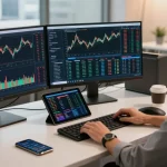 Finio24.com Bewertung: Trader an einem modernen Schreibtisch mit mehreren Bildschirmen und Trading-Tools in dynamischer Atmosphäre.