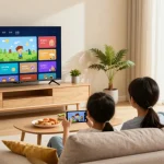 Erleben Sie IPTV kaufen in bester Qualität mit einer Familie, die auf einem Smart TV entspannt.