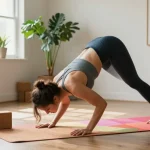 Engaging yoga session with a personalized Yogamatte Set mit Block, showcasing natural cork materials and vibrant colors.