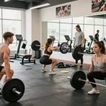 Anabolika Shop: Körperbauer trainieren intensiv mit Gewichten in einem modernen Fitnessstudio, unterstreichen die Dynamik und Produktivität des Trainings.